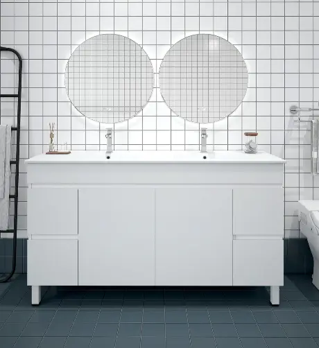 Bianca PVC 150cm Floor Standing Vanity Cabinet Gloss White with Double Bowl Basins - Image 2
