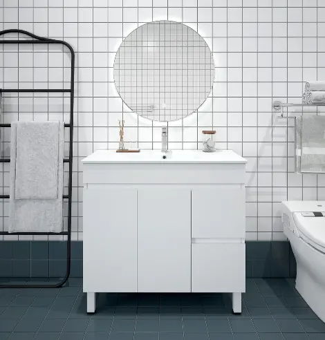 Bianca PVC 90cm Floor Standing Vanity Cabinet (RHD) Gloss White with Ceramic Top - Image 3