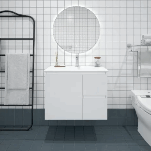 Bianca 750mm MDF Wall Hung Vanity (RHD) Gloss White with Ceramic Top