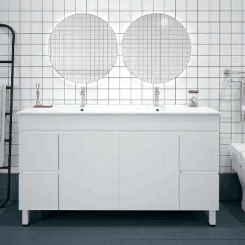 Bianca PVC 150cm Floor Standing Vanity Cabinet Gloss White with Double Bowl Basins