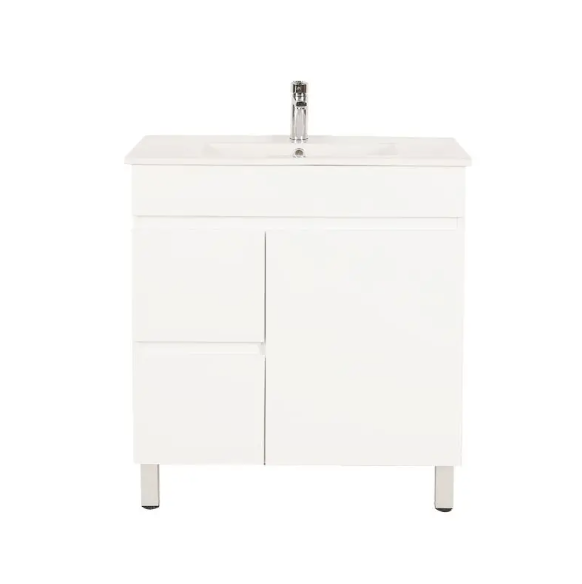 Bianca PVC 75cm Floor Standing Vanity Cabinet (LHD) Gloss White with Ceramic Top
