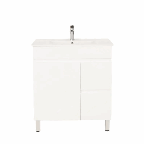 Bianca PVC 75cm Floor Standing Vanity Cabinet (RHD) Gloss White with Ceramic Top