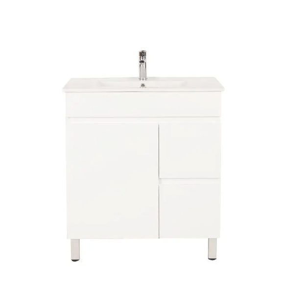 Bianca PVC 75cm Floor Standing Vanity Cabinet (RHD) Gloss White with Ceramic Top