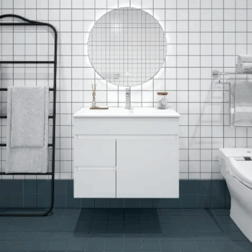Bianca PVC 75cm Wall Hung Vanity Cabinet (LHD) Gloss White with Ceramic Top