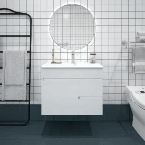 Bianca PVC 75cm Wall Hung Vanity Cabinet (RHD) Gloss White with Ceramic Top