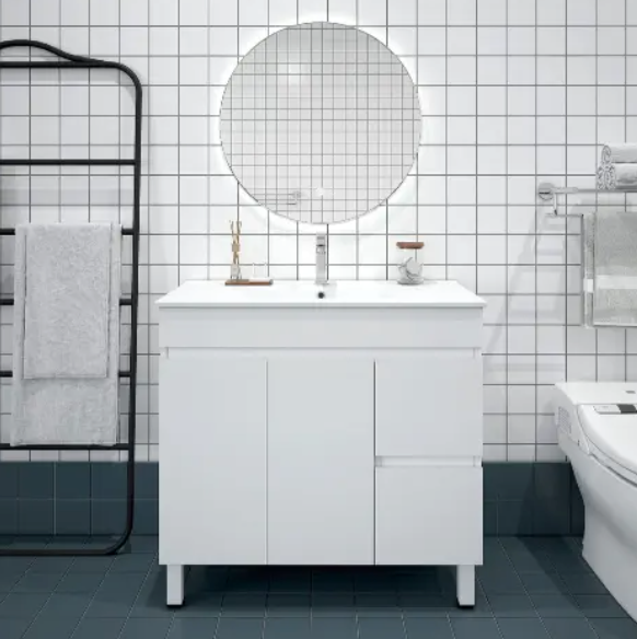 Bianca PVC 90cm Floor Standing Vanity Cabinet (RHD) Gloss White with Ceramic Top