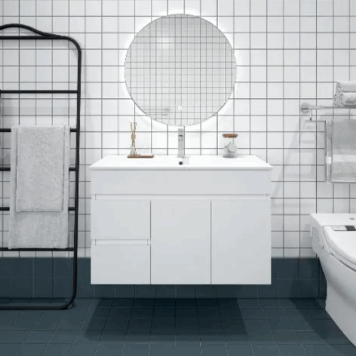 Bianca PVC 90cm Wall Hung Vanity Cabinet (LHD) Gloss White with Ceramic Top