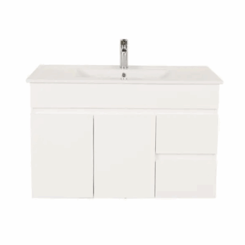 Bianca PVC 90cm Wall Hung Vanity Cabinet (RHD) Gloss White with Ceramic Top