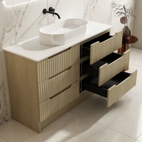 Rhea 1200mm Fluted Freestanding Vanity Natural Oak with 1200mm Stone Top (no basin) - Image 3