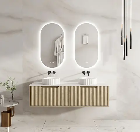 Rhea 1500mm Fluted Wall Hung Vanity Natural Oak with 1500mm Stone Top (no basins) - Image 2