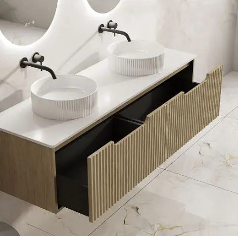 Rhea 1500mm Fluted Wall Hung Vanity Natural Oak with 1500mm Stone Top (no basins) - Image 3