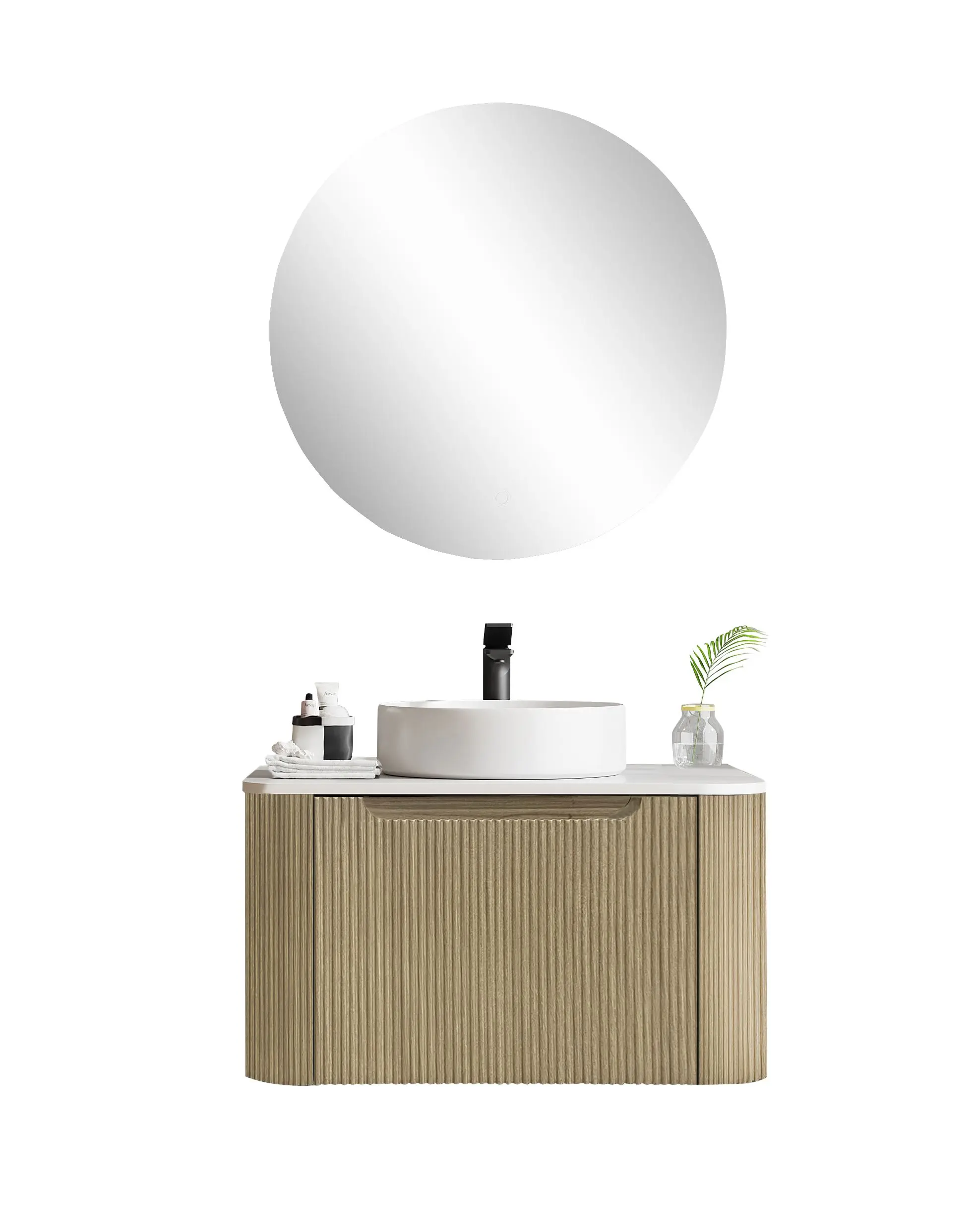 Rome Fluted 600mm Wall Hung Cabinet with White Quartz stone top - Image 3