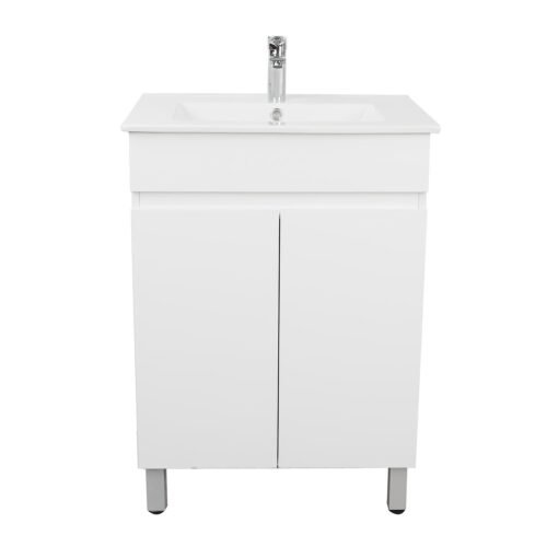 Bianca Slim PVC 60cm Floor Standing Vanity Gloss White with Ceramic Top